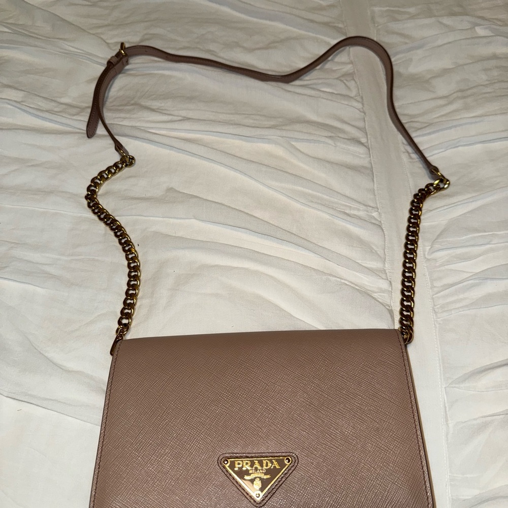 Prada Tan Gold Crossbody Bag with Saffiano Leather